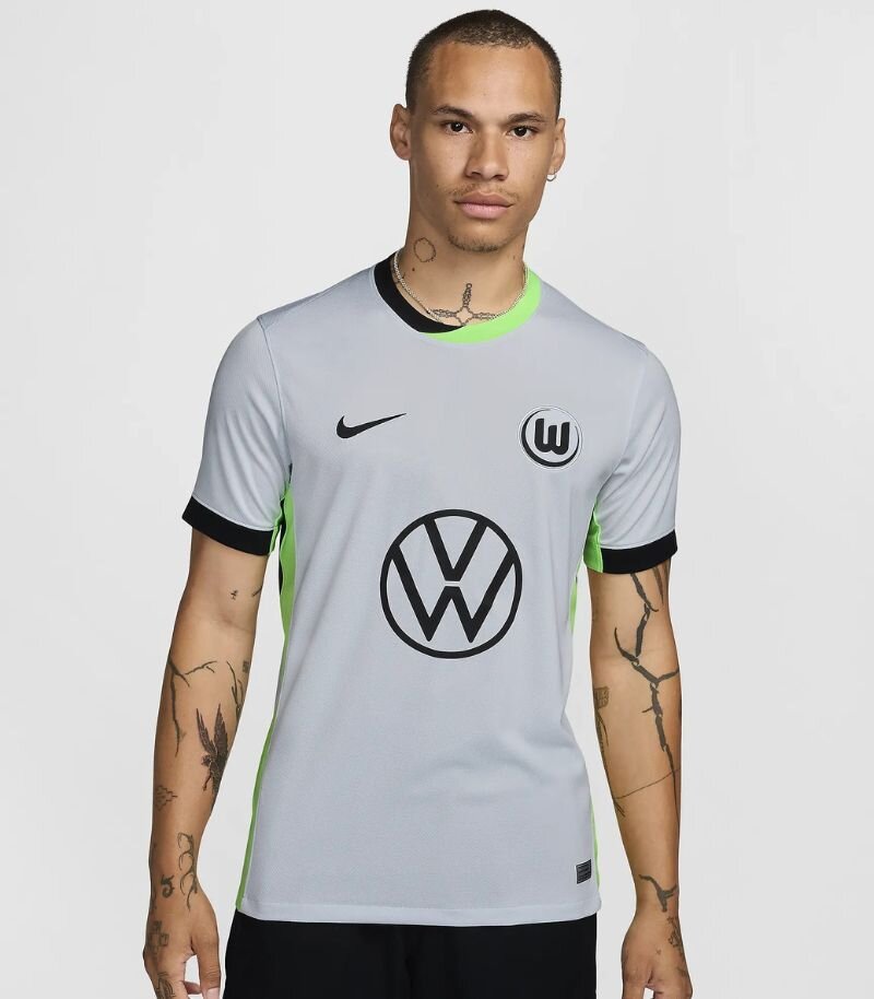 wolfsburg third kit in grey with black and lime green cuffs, collar and side panels 